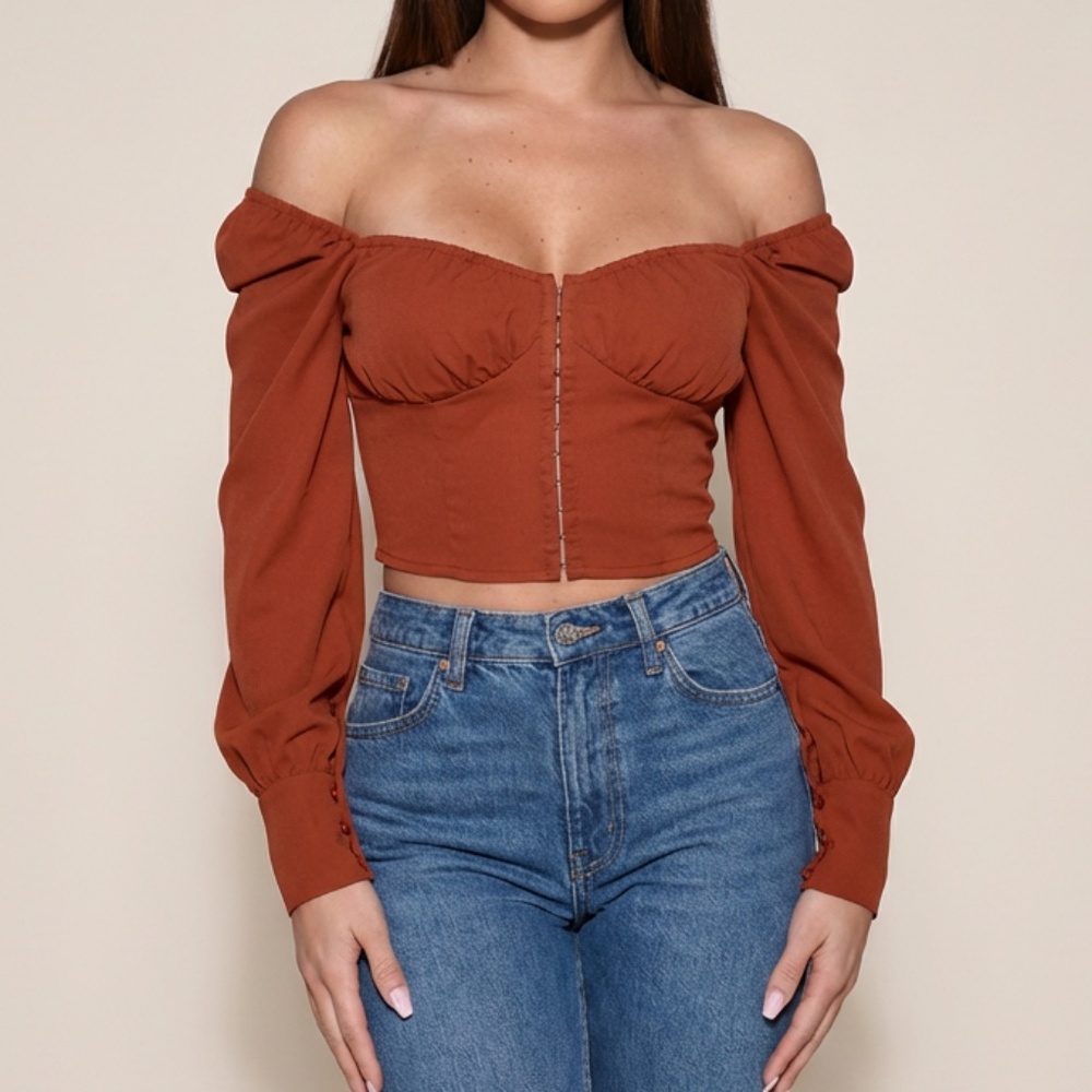 Forever 21 Puff Sleeve Corset Crop Top Rust XS